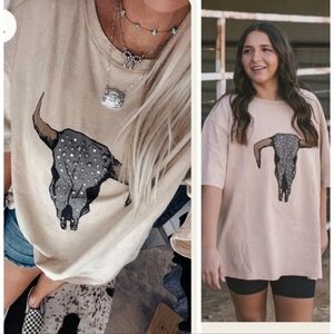 Two Fly Co. NWT Tan Stud Steer Tee T-Shirt with Western Embellished Bull Skull